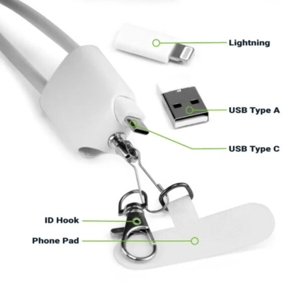 4 in 1 Lanyard Charging Cable 60W, 120cm Long with ID Hook & Phone Pad - Image 6