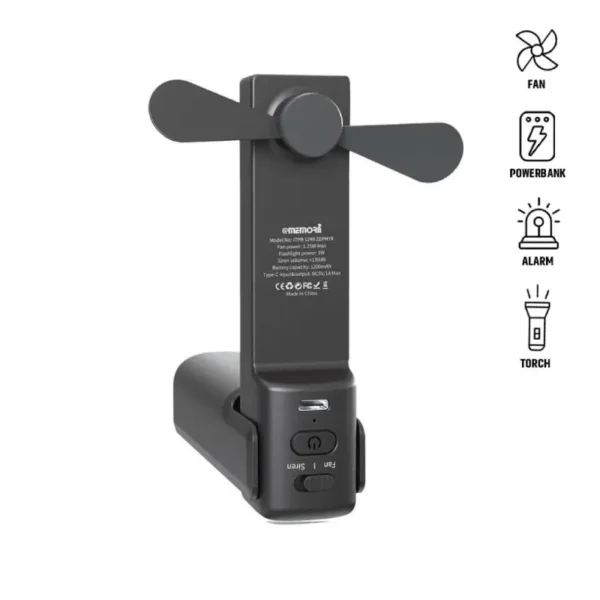 4-in-1 Fan Powerbank, Safety Alarm & Torch - Black