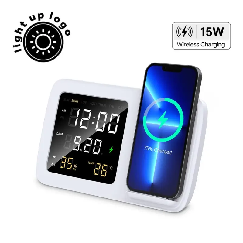 Digital Alarm Clock Wireless Charger - White