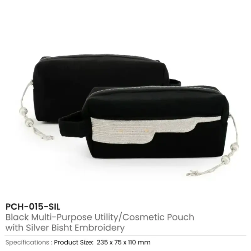 Black Multi-Purpose Utility & Cosmetic Pouch with Bisht Embroidery - Image 5
