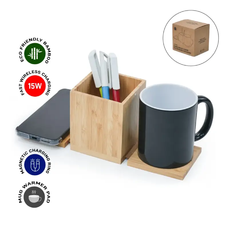 Foldable Fast Wireless Charging Pad 15W with Mug Warmer & Pen Holder