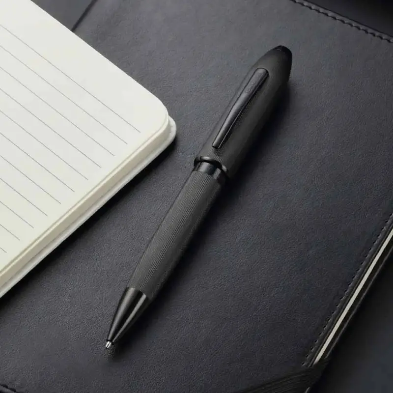 Polished Black PVD Engraved Diamond Pattern with Black PVD Appointments and Swarovski Crystal Ballpoint Pen (Blue Ink) - Image 6